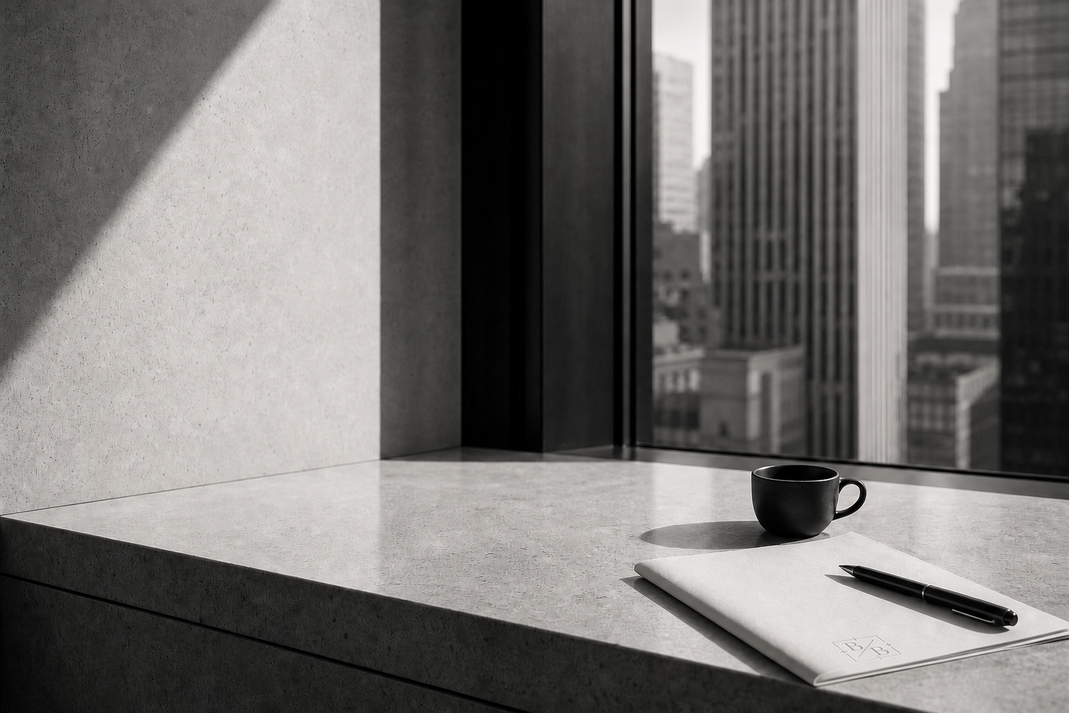 A quiet Midtown breakfast table with a black cup, embossed briefing folio, and morning light